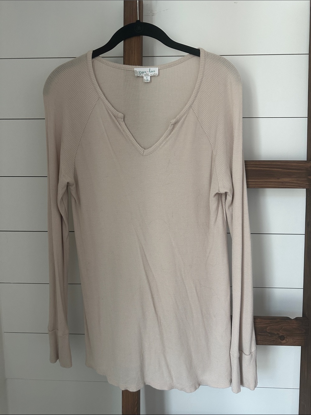 Grace & Lace Long Sleeve V-Neck Thermal Top - Beige NWOT